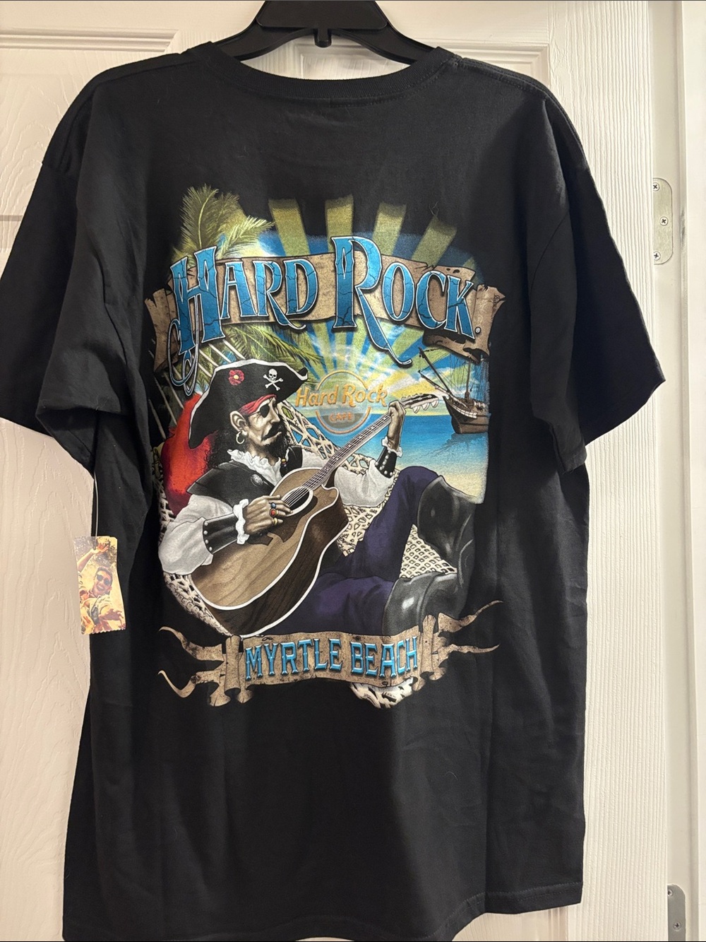 Hard Rock Cafe Black Pirate Guitar Tee with Blue & Yellow Artwork